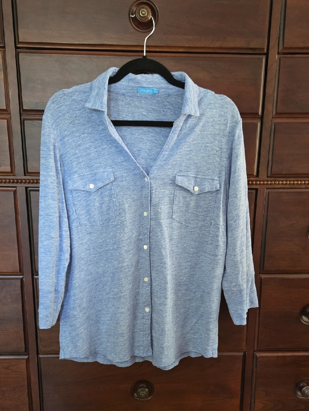 J. McLaughlin Linen & Spandex Button Down Top Size XL Heathered Blue.